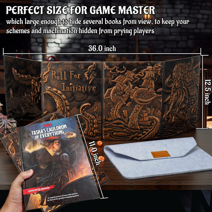DND Dungeon Master Screen Four-Panel with Pockets, Faux Leather 3D Embossed with Cthulhu - Included DM Screen Inserts and Storage Case
