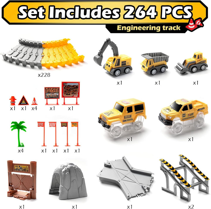 264 PCS Construction Race Tracks for Kids Toys, Glow in the Dark Magic Toy Set, 2 Light up Cars Track, 3 Construction Cars, Flexible DIY Track Set, Birthday Gift for Age 3-9 Boys Toddler Girls