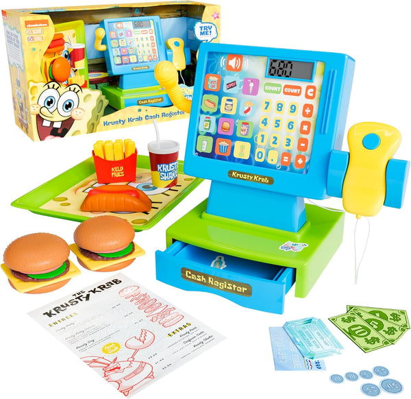 Spongebob Cash Register Play Set - Krusty Krab Cash Register - Includes Toy Cash Register and Realistic Play Food Items with Pretend Food and Play Money