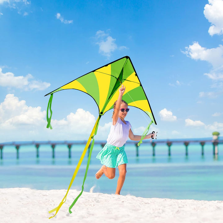 3 Packs Large Delta Kite Green, Blue and Rainbow, Easy to Fly for Kids with 262.5 Ft String, Large Delta Beach Kite for Outdoor Games and Activities