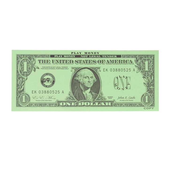 One Dollar Play Bills - Set of 100 $1 Paper Bills - Designed and Sized like Real US Currency - Teach Currency, Counting and Math with Play Money