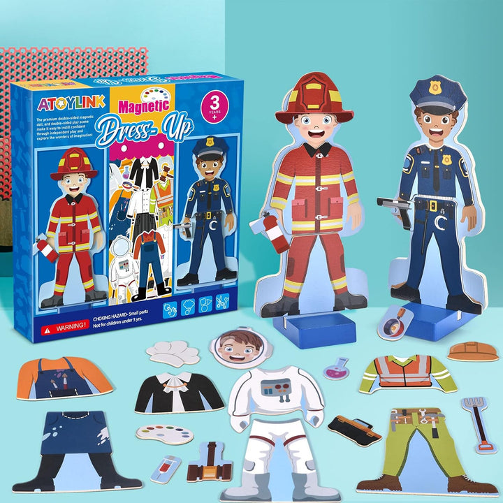 Wooden Magnetic Dress up Dolls Pretend Play Set 40+ Pcs Occupations Community Helpers Matching Games Fridge Magnets for Toddlers Preschool Learning Toys Boys Birthday Gifts