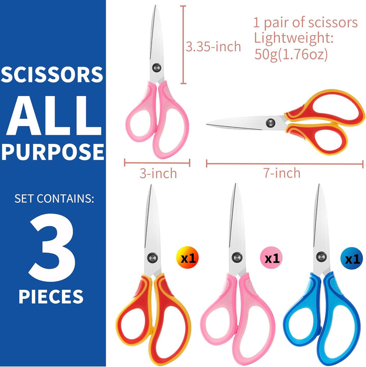 7" Student Scissors Set of 3-Pack,Pointed Tip Blades,Kids Scissors Ages 8-10 8-12 8-16 for School Crafting Project,Great for DIY, Arts, Home, Red/Pink/Blue