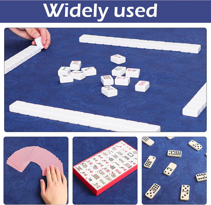 Mahjong Mat, Mahjong Table Mat with Prints & Extra Dice, for Poker, Card, Mahjong, Dominoes Games (Blue, 35 Inches)