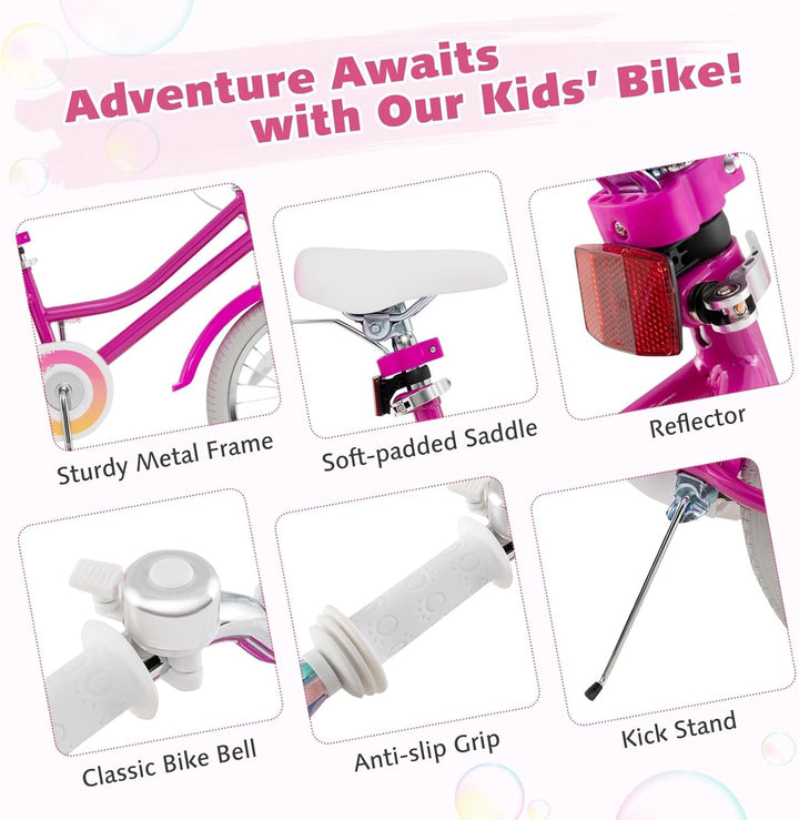 Kids Bike, 12 14 16 18 Inch Girls Bike W/Training Wheels, Doll Seat, Streamers, Handbrake & Coaster Brake, Fully Enclosed Chain, Princess Style Children Bicycle, Gift for Girls 3-8