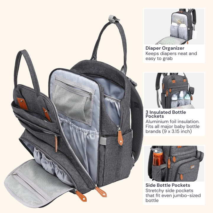 Diaper Bag Backpack - Baby Essentials Travel Tote - Multi Function Waterproof Diaper Bag, Travel Essentials Baby Bag with Changing Pad, Stroller Straps & Pacifier Case - Unisex, Dark Gray