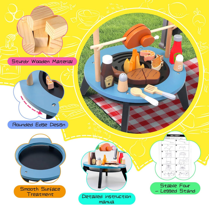 Wooden Play Barbecue Toy Gril,45Pcs Kids Grill Playset with Rotating Skewering Mode,Pretend Cooking Kitchen Playset Grill Toy Birthday Gift for Boys&Girls 3+