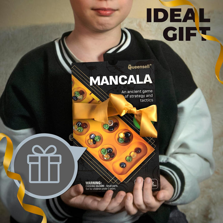 Mancala Board Game with Magnetic Lock – Classic 2-Player Folding Game – Wooden Mancala Set with 56 Glass Pebbles – Mancala Game for Kids and Adults