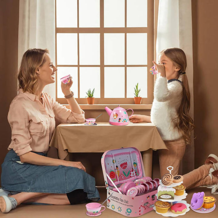 Tea Party Set for Little Girls, Princess Tea Time Toy Including Dessert,Cookies,Doughnut,Teapot Tray Cake, Tablecloth & Carrying Case,Kids Kitchen Pretend Play for Girls Boys Age 3-6