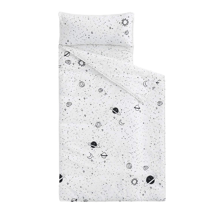 - Toddler Nap Mat with Pillow and Blanket, 100% Cotton Fabric, for Kids Boys Girls Ages 3 plus in Daycare Kindergarten Preschool, Roll up Sleeping Bag, Gray Spaces, Standard