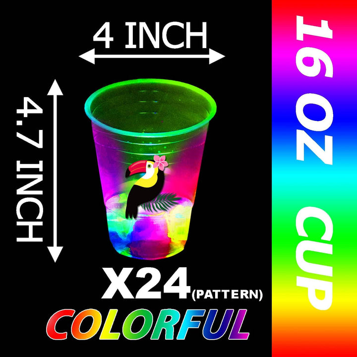 24 Pcs Glow Hawaiian Luau Party Cups, Flashing Tiki Party Cups, Tropical Luau Party Decorations Hawaiian Party Supplies Favor (16Oz)