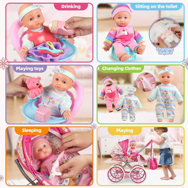 Baby Doll Stroller Toys Set with 12.5" Baby Doll,Dining Chair,Quilt Pillow,24 PCS Doll Accessories and 2 Sets Doll Clothes,Baby Stroller Toys for Girls Toddlers 3-5 4-6 5-7 Gifts for Pretend Play