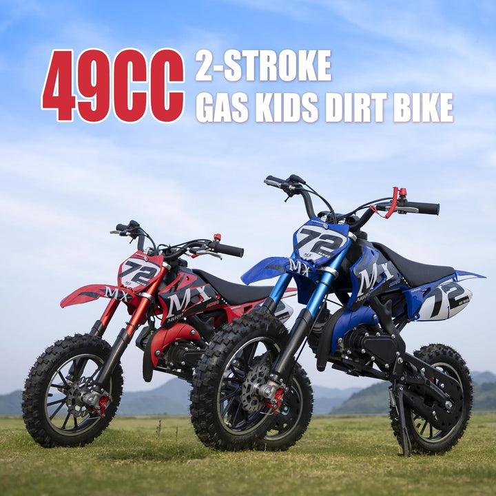 49CC Gas Dirt Bike for Kids 24 MPH Max Speed, Front/Rear Disc Brakes, Dual Suspension, Easy Pull Start - Mini Off-Road Motorcycle, with Armor 250 LBS Capacity Red