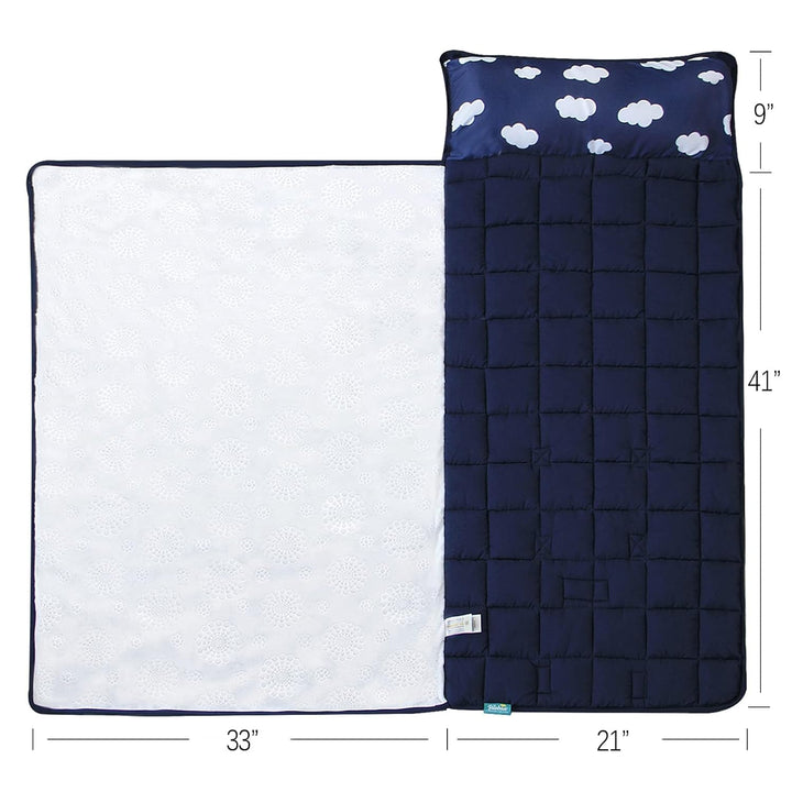 Toddler Nap Mat with Pillow and Blanket, Cot Nap Mats for Daycare Preschool Kindergarten, Lightweight Portable Travel Sleeping Bag for Kids, Super Soft & Cozy, Navy Cloud, 50" X 21"