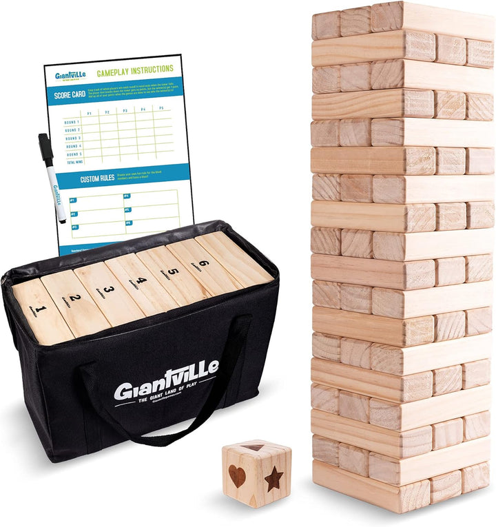 Giant Tumbling Timber Toy - Premium Pine Wood Life-Size Blocks Tower - Big Floor/Board Indoor/Outdoor Yard Game for Kids & Adults - 56-Pieces + Carry/Storage Bag - Grows to over 4-Feet