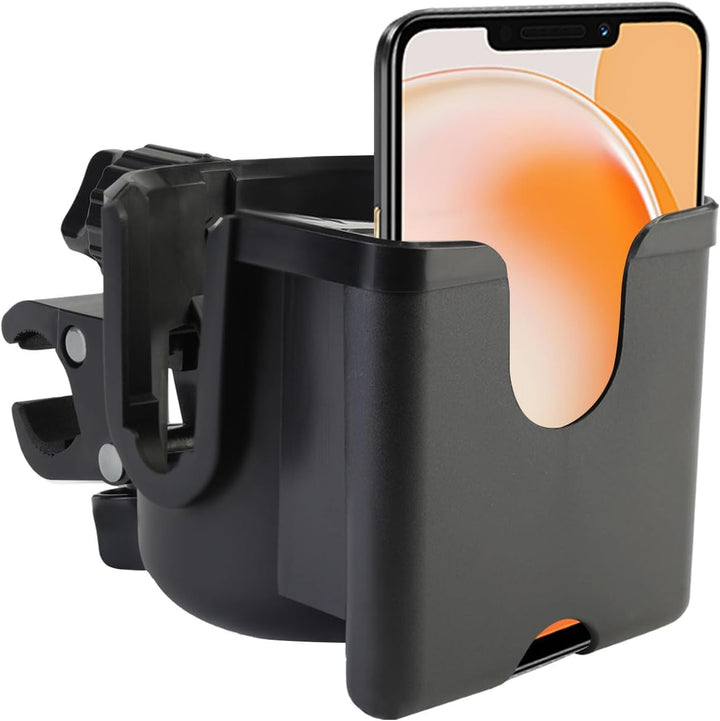 Universal Stroller Cup Holder with Phone Holder, 360°Rotatable Bottle Holder with Strong Clip, Accessories for Stroller, Bike, Wheelchair, Walker, Scooter