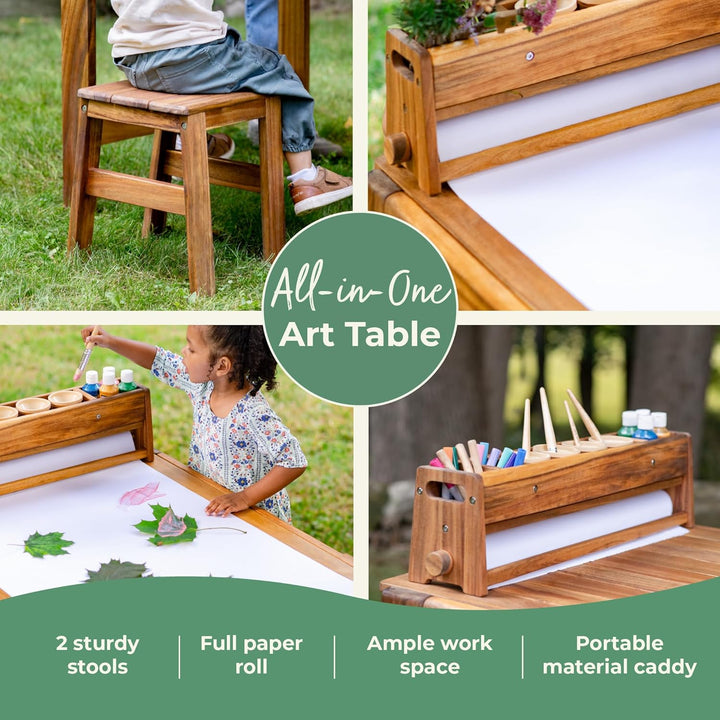 Acadia Outdoor Art Table and Stool Set: Kids Acacia Wood Arts and Crafts Table W/ 2 Chairs, Mobile Storage Paper Roll, and Paint Cups for Drawing, Painting and Toddler Picnic Activities