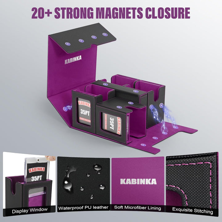 Card Deck Box for MTG with Commander Display, 5 in 1 Card Storage Box Fits 400+ Double-Sleeved Cards, Removable Deck Case for Tcg/Sports Cards with Dice Tray, 4 Magnetic Card Holders (Black Purple)