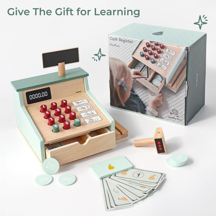 Wooden Toy Cash Register,Kids Pretend Play Money Counting Toys with Scanner and Credit Card,Toddler Cashier Toy Grocery Play Food Accessory for Pre-School Gift Boys Girls 3+