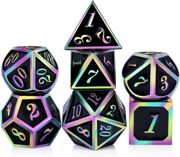 Metal Dice Set D&D, 7 Die Metallic Polyhedral Dice Set with Gift Metal Box and Gold Number for DND Dungeons and Dragons Role Playing Games (Black and Gold)