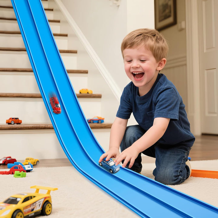Flex Tracks 15 Ft Starter Set Flexible Race Track for Kids 3+, Race Car Ramp Track Compatible with Hot Wheels and Diecast 1/64Th Cars, Portable Rolls up Race Tracks with Strong Suction Cups