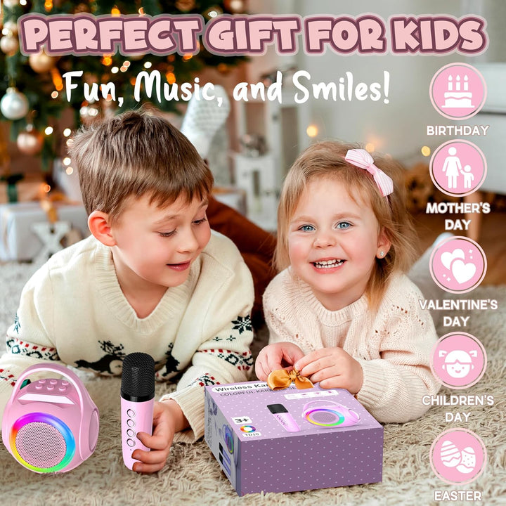 Mini Karaoke Machine for Kids with 2 Microphones, Bluetooth Toddler Karaoke Toy with LED Lights, Rechargeable Portable Speaker for Girls & Boys Ages 3-10, Children’S Day & Birthday Gift Ideas