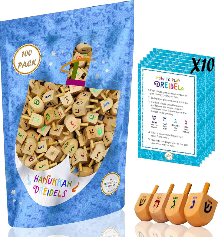 Natural Wood Dreidels Hanukkah Draydel with English Transliteration & Instruction Cards (10-Pack)