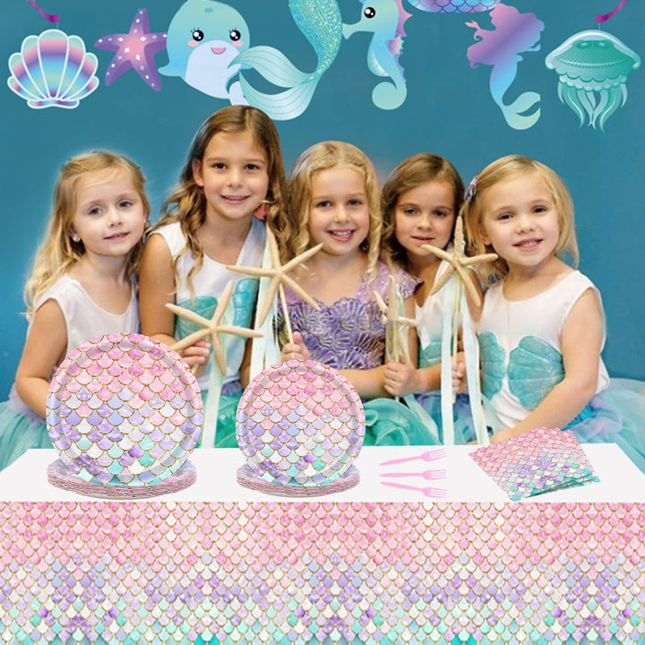 96 Pcs Mermaid Birthday Party Supplies Plates and Napkins Set for 24 Guests, Little Mermaid Party Decorations Ocean under the Sea Party Tableware Plate, Fork, Napkins for Princess Girls