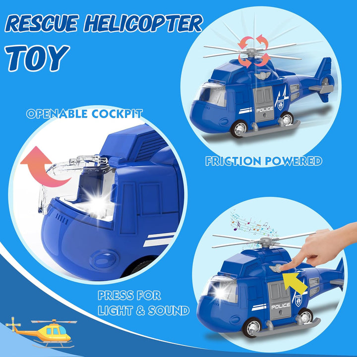 4 in 1 Toy Vehicle Playsets,Including Police Car,Fire Truck,Ambulance ,Toy Helicopter,2Fireman 1Policeman,Andk9 Dog, Friction Powered Vehicles with Light and Sound,Best Toddler Gifts