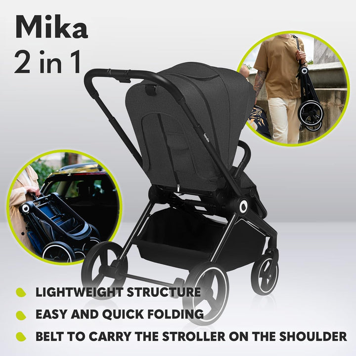 Mika 2-In-1 Combination Pushchair Baby Carrycot Pram Buggy Rain Cover Shoulder Strap for Transport, Mattress, Mosquito Net, Foot Cover, Waterproof Material, Rubber Wheels (Grey Graphite)