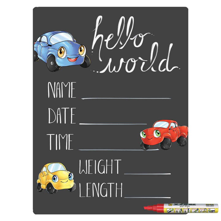 Hello World Newborn Baby Announcement Chalkboard Sign with Automobile Theme, 12 by 16 Inches, No Marker