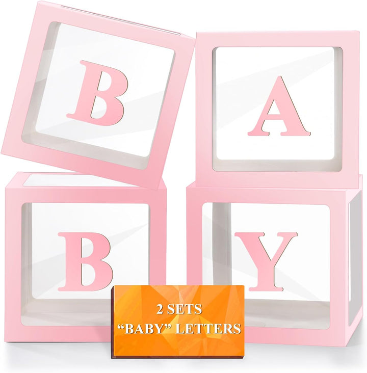 Baby Boxes with Letters for Baby Shower Decorations, 4 Pcs Clear Baby Balloon Boxes Blocks Decor with LED Fairy String Lights for Boy Girl Gender Reveal Decorations Backdrop Party (White)
