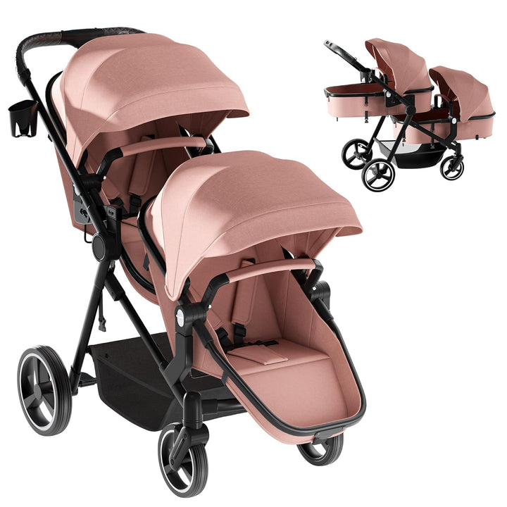 Double Stroller, Foldable Twin Tandem Stroller with Adjustable Backrest, Reversible Seat, 5-Point Harness, Storage Basket, Convertible Baby Bassinet for Infant and Toddler, Gray