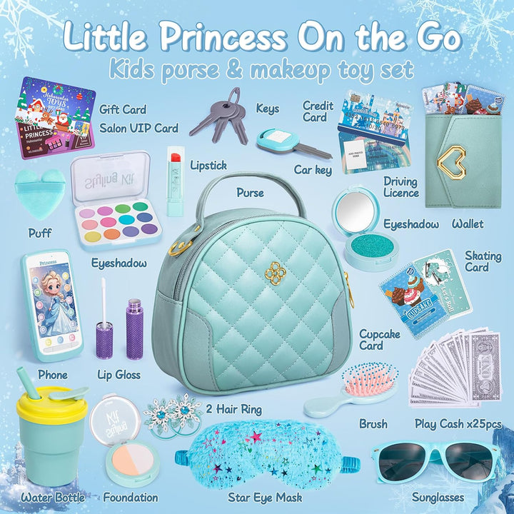 Play Purse for Little Girl, Princess Frozen Toy Purse with Accessories, Pretend Makeup Set, Handbag, Wallet, Water Bottle, Birthday Toy for Girl 3 4 5 6 7 8 Year Old