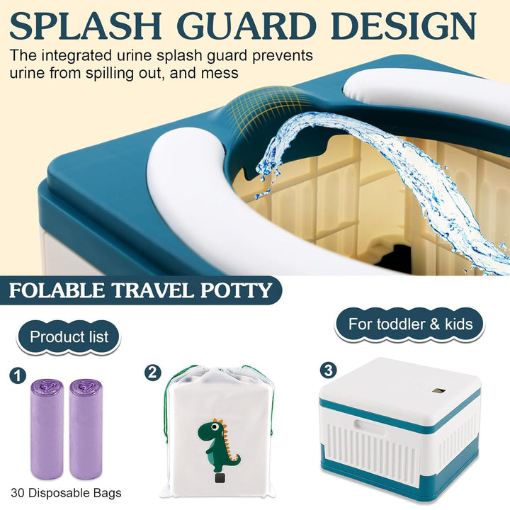 Portable Potty for Toddler Travel, Foldable Travel Potty Training Toilet Seat for Kids Boys Girls, Emergency Mobile Toilet in Car for Camping Outdoor Indoor, with 30 Disposable Bags, Blue