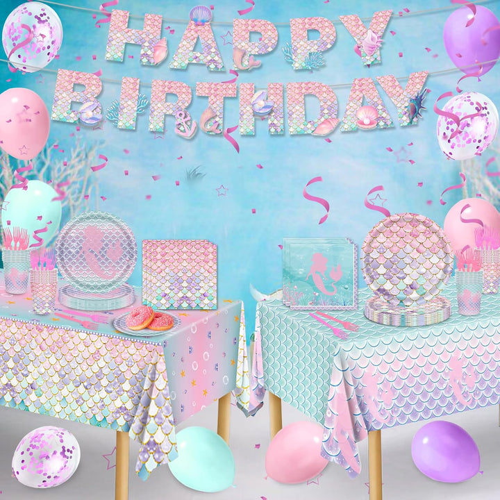 Mermaid Birthday Decorations, 147Pcs Mermaid Party Supplies-Serves 24 with Plates and Napkins Tablecloth and Birthday Banner Balloons for Mermaids Girl Birthdays Decorations