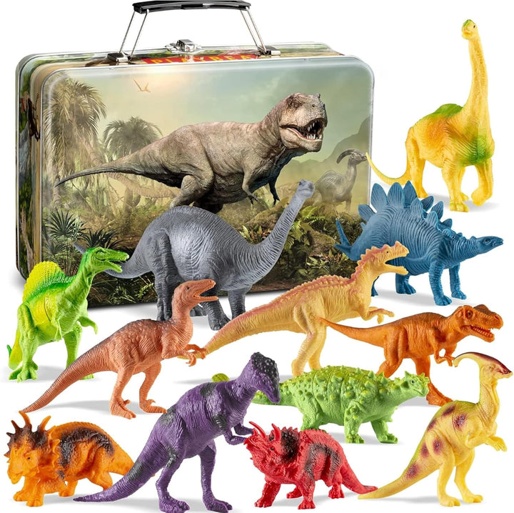 Dinosaur Toys for Kids - 12 Realistic Small Dinosaur Figures with Metal Storage Box & Soft Dino for Boys and Girls 3-7 Years - Spinosaurus Toddler Toys