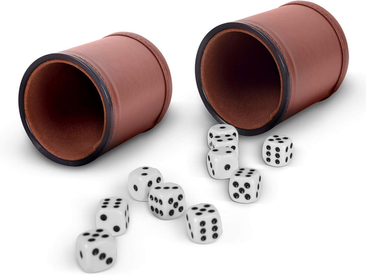 5 Pack of Professional Dice Cups PU Leather and Brown Velvet Lined, Includes 25 White Six-Sided Dice
