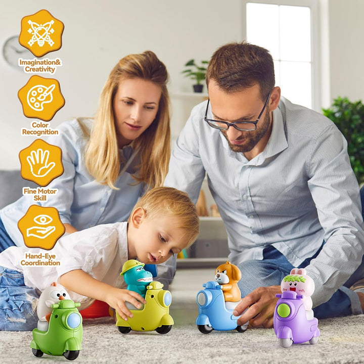 Press and Go 4-Pack Animal Car Toys for Toddlers 1-3, Dinosaur Toys Push Cars for 1 Year Old Boys Girls - Baby Toys 12-18 Months, Safe Push & Go Vehicles for 1St Birthday Gifts & Christmas.