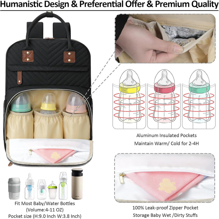Diaper Bag Backpack for Women Large Capacity with Insulated Pockets Multifunctional Diaper Bags for Baby Girl Boy Waterproof Baby Bags for Mama Maternity Travel Bag Black