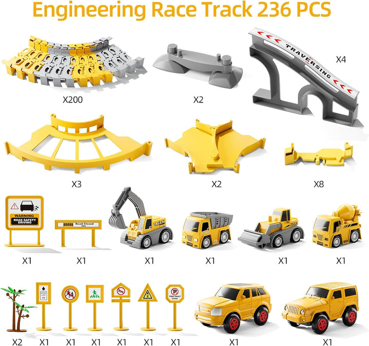 Toddler Boy Toys 236 PCS Race Tracks Toys Gifts for 3 4 5 Year Old Boys Kids, 6 PCS Construction Car Toys Gifts for 2 3 4 5 Year Old Boys, Christmas Birthday Gifts Toys for 3 4 5 Year Old Boys