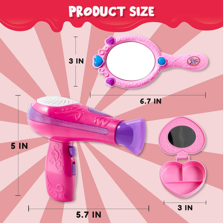 17Pcs Girls Beauty Salon Set, Pretend Play Doll Hair Stylist Toy Kit with Hairdryer, Mirror, Curling Iron and Other Accessories for Kids Toddler Fashion Cutting Makeup Party Favor, Birthday Gift