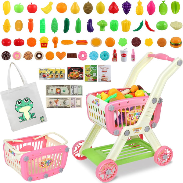 Kids Shopping Cart - 2 in 1 Toy Shopping Cart with Play Food Fruit Vegetable Dessert and Shop Accessories, 72Pcs Pretend Play Grocery Store Toy Kitchen Game Trolley Play Set for Kids (Pink)
