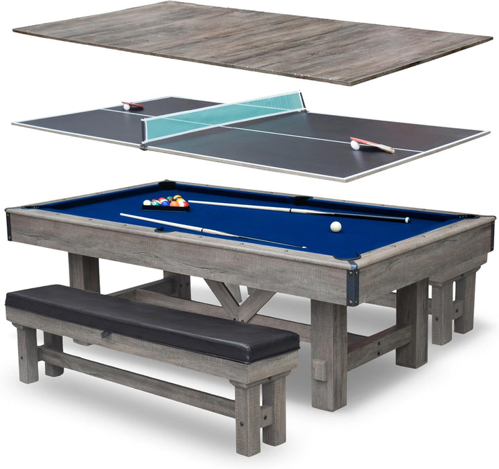 Logan 7-Ft Pool Table Combo Set with Benches - Rustic Gray with Blue Felt, Barnwood