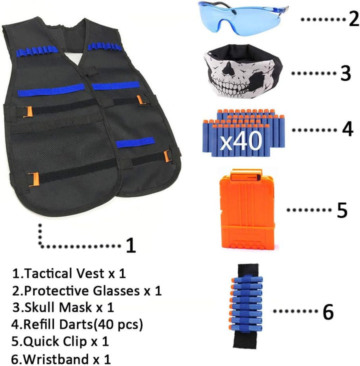 Tactical Vest Kit for Nerf Guns N-Strike Elite Series with Refill Darts,Reload Clips, Facetube Mask, Hand Wrist Bands and Protective Glasses,Nerf Vest Toys for Boys & Girls