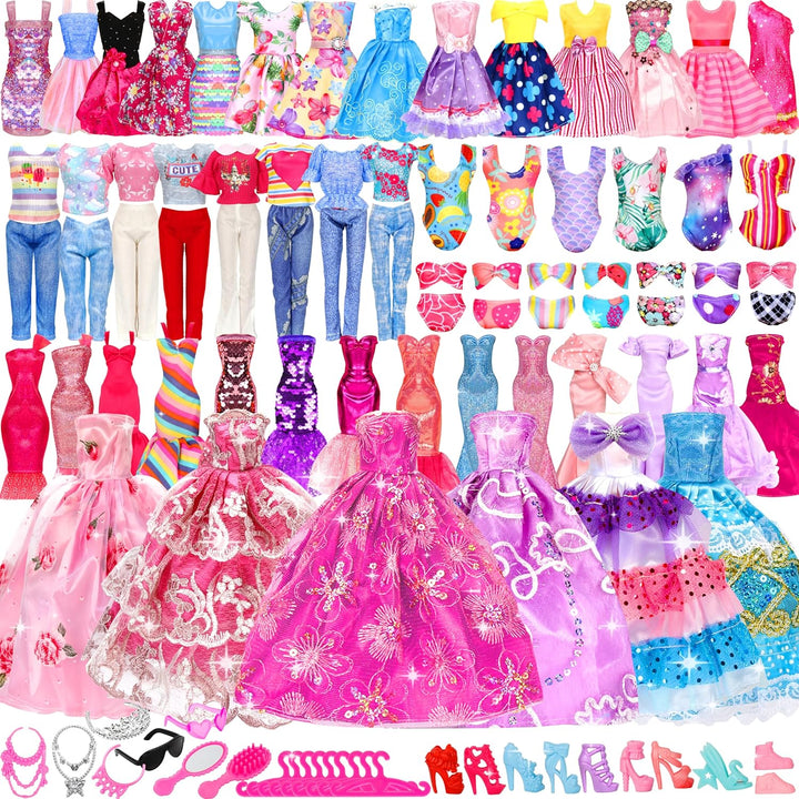 71 Pcs Doll Clothes and Accessories, 5 Wedding Gowns 9 Fashion Dresses 3 Tops 3 Pants 3 Bikini Swimsuits 20 Shoes for 11.5 Inch Doll Christmas Stocking Stuffers Girls Gift Age 5-7 8-10