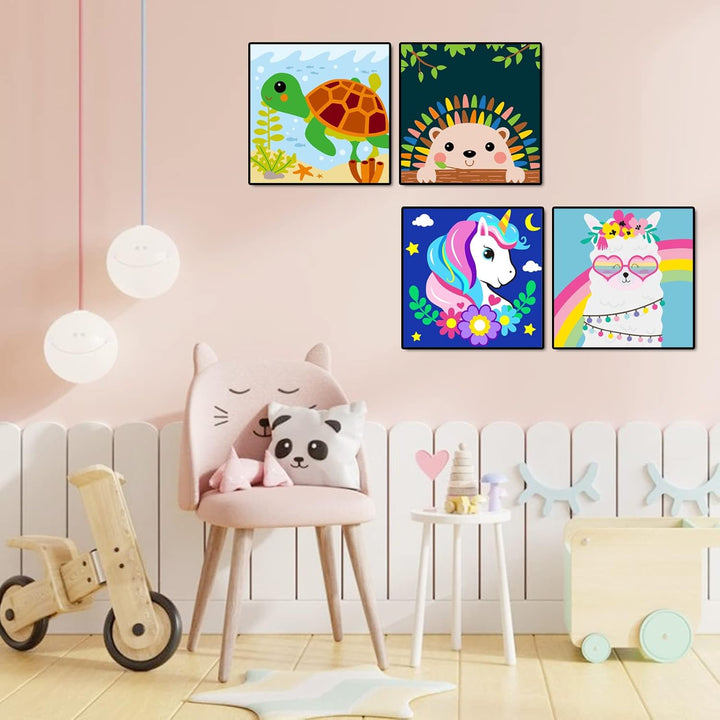 Framed 4 Pack Paint by Number for Kids, Paint by Numbers for Kids Ages 8-12, Paint by Numbers Kits Children Beginner, DIY Acrylic Oil Painting for Home Wall Decor (8X8Inch)