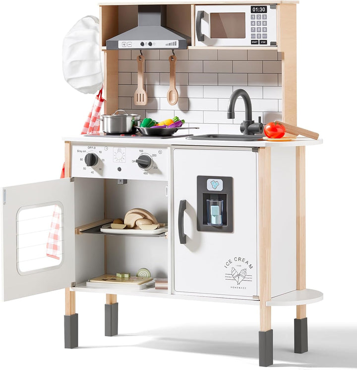 Play Kitchen for Kids, Wooden Kids Play Kitchen Playset Chef Pretend Play Set for Toddlers with Real Lights & Sounds, Toys Kitchen with 18 Pcs Toy Food & Cookware Accessories