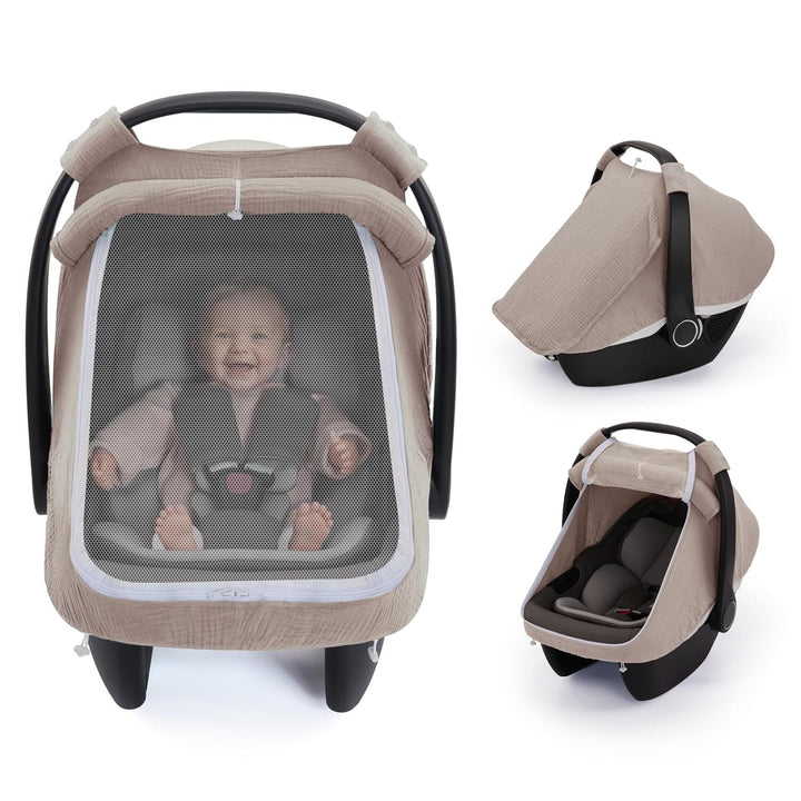 Baby Car Seat Cover, Extra Large Mesh Window, Breathable Muslin Cotton, Infant Windproof Canopy, Must-Have Baby Gift - Roman Green