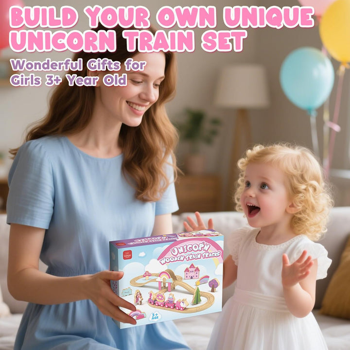 Wooden Train Set, Train Set for Toddlers 2-4, Wooden Train Track for Girls, Unicorn Toys for Girls Age 4-6, Toys for 3 4 5 6 Year Old Girl